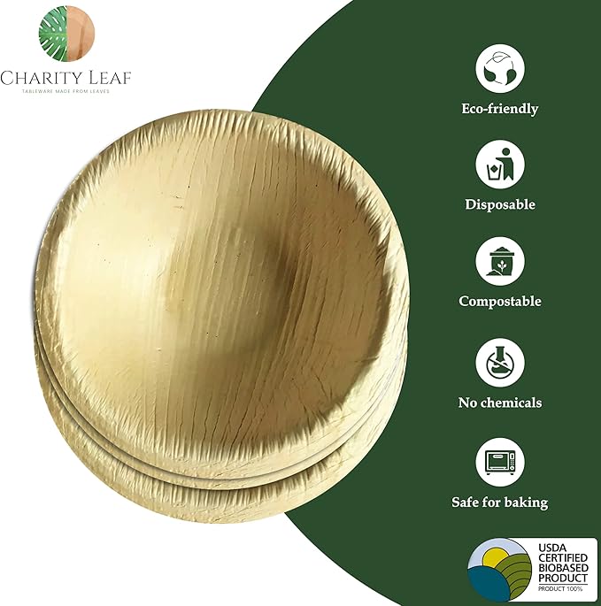 Charity Leaf Disposable Palm Leaf 2.5" Round Mini Bowl (400 pcs) Dipping Bowls | Bamboo Like| All Natural and Biodegradable | Charcuterie Boards, BBQs, and Parties
