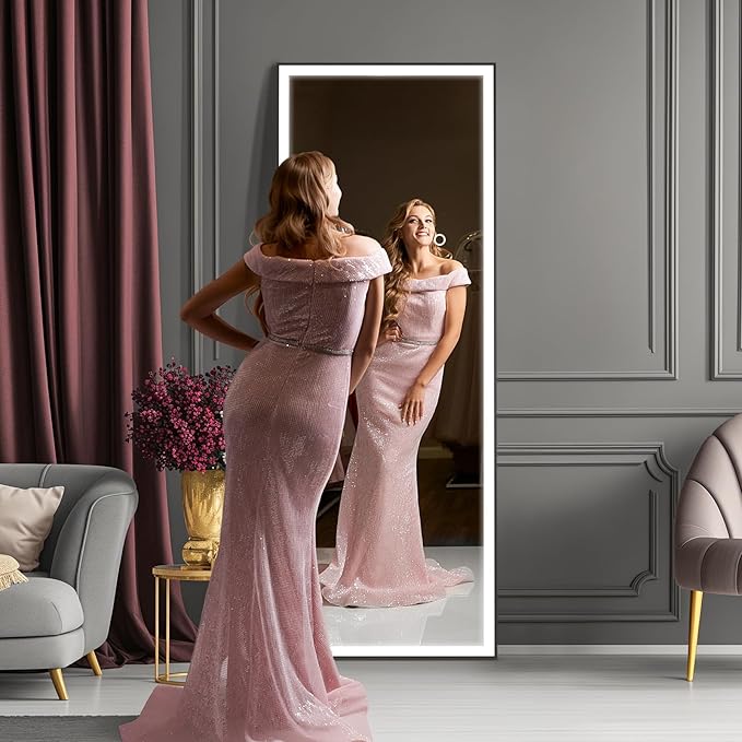 Kosmonia 64x22 Full Length Mirror, Dimmable 3 Color LED Light w/Light Memory, Distortion Free Silver Coating Mirror, HD Reflection &Anti Desilvering,Tempered Glass &Shatter Proof Film Doubles Safety