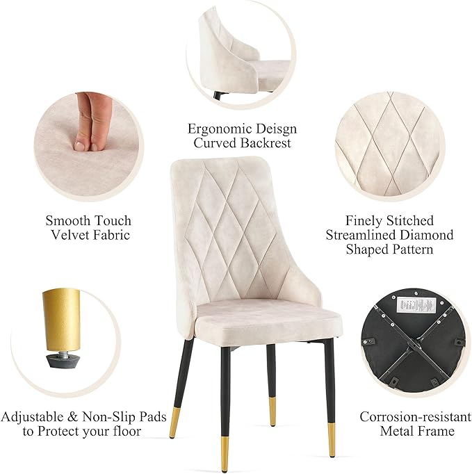 NORDICANA Upholstered Velvet Dining Chair Set of 2, Beige Armless Side Chair with Metal Legs for Home Kitchen