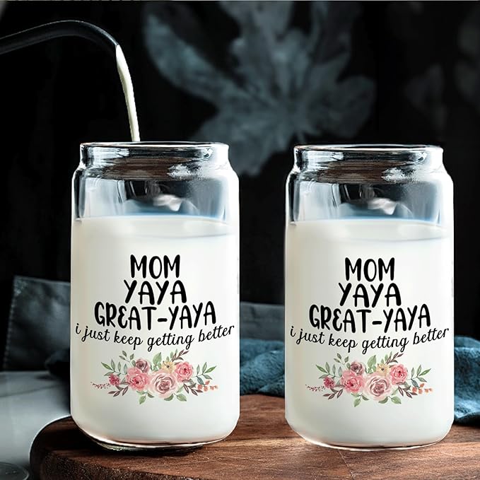 Christmas Grandma Gifts For Mom Yaya Great Yaya Glass Coffee Cup With Lid And Straws 14oz - christmas Glass Cup gifts For Grandmother