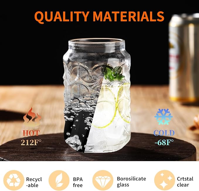 Jiuchen Glass Cups with Lids & Glass Straws 2PCS Set 18oz - Borosilicate Heat Shatter-Resistant Tumblers for Iced Coffee, Cold Brew, Bubble Tea, Smoothies & Juice, Includes Dual Cleaning Brushes