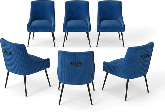 Velvet Dining Chairs Set of 6,Blue Upholstered Living Room Chairs with Black Metal Legs, Modern Tufted Accent Chairs for Living Room, Study Room, Kitchen