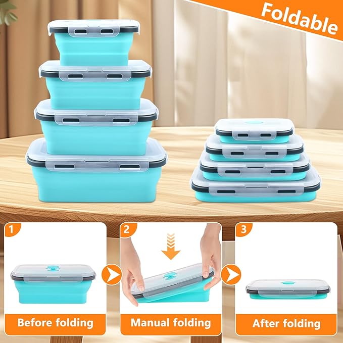 Collapsible Food Storage Containers with Lid & Air Vent, 4 Pack Round Foldable Collapsible Storage Containers Sets for Meals, Lunch Bowls for Camping, Travel, Microwave Freezer Dishwasher Safe, Green