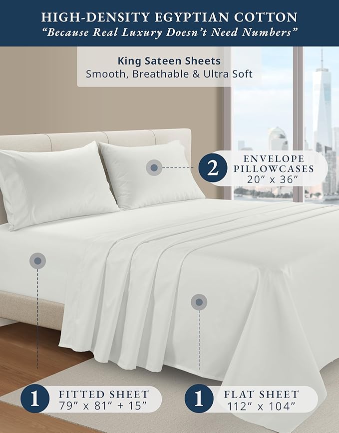 LANE LINEN 100% Egyptian Mercerized Cotton King Size Sheets Set, Eco Friendly Sustainably Produced No Pill Fade Resistant 15 Iinch Deep Pocket King Sheet Set - Vaporous Gray