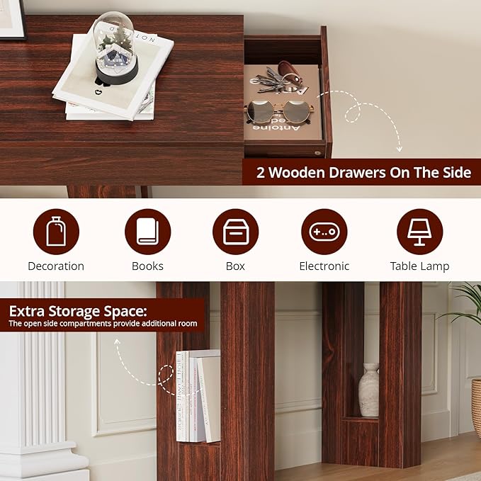 FURSUN 63-Inch Long Console Table with Storage, Wooden Narrow Sofa Table Behind Couch, Farmhouse Foyer Hallway Table for Living Room, Entrance (Dark Walnut)