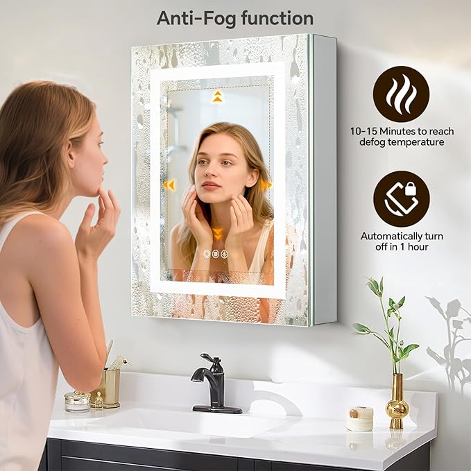 30 x 36 LED Lighted Medicine Cabinet with Lights, Recessed or Surface Wall Mount Medicine Cabinet Mirror for Bathroom with Storage, Outlets & USB, Tempered Glass, 3-Color Dimming, Adjustable Shelf