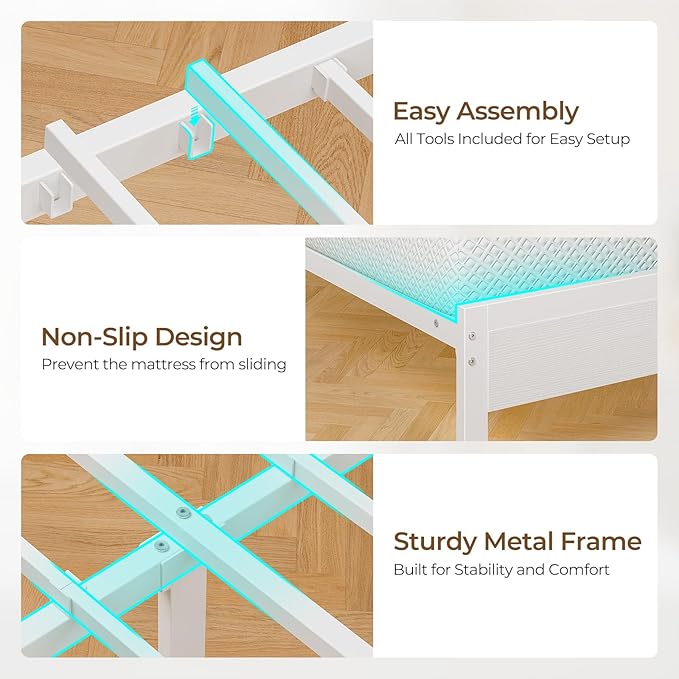 Seventable Full Size Bed Frame with 4 Storage Drawers, Charging Station & LED Lights, Upholstered Headboard with 2-Tier Shelves, Metal Platform Bed, No Box Spring Needed, Noise-Free, White