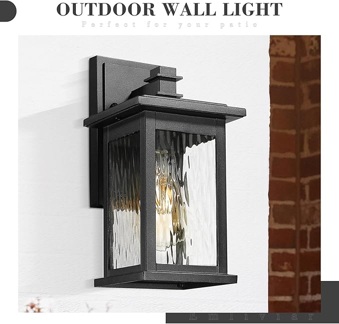 Emliviar 1 Pack Modern Outdoor Lighting Wall Mount, Front Porch Light with Water Ripple Glass Shade, Black Finish, 1803EW1-WP BK