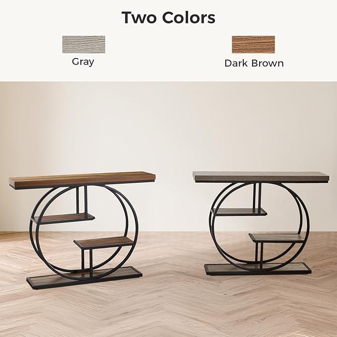 41.3" Sofa Table, Industrial 4-Tier Entryway Table with Circle Base and 1.7" Thickened Top, Narrow Console Table with Storage for Living Room, Hallway, Foyer, Rustic Brown