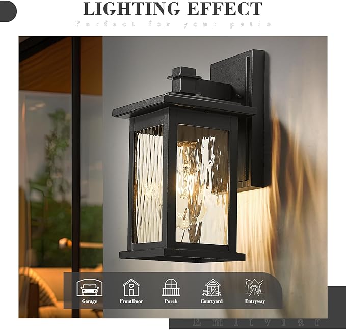 Emliviar 1 Pack Modern Outdoor Lighting Wall Mount, Front Porch Light with Water Ripple Glass Shade, Black Finish, 1803EW1-WP BK