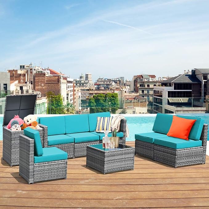 HAPPYGRILL 8-Pieces Patio Furniture Set Outdoor Rattan Conversation Set with Storage Box Sectional Wicker Sofa Set with Coffee Table and Cushions for Garden Backyard