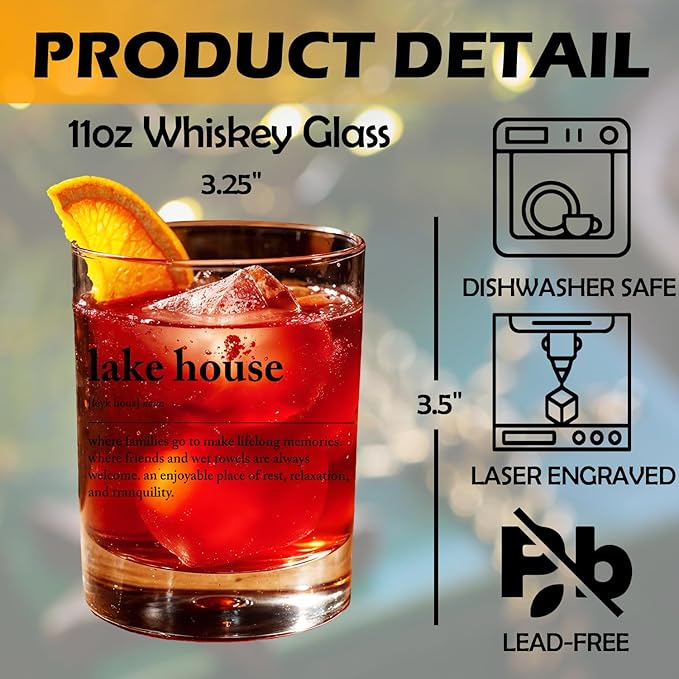 Lake House Gifts Old Fashioned Whiskey Glasses, Lake Lovers Gifts, Lakehouse Definition 10 oz Rocks Barware Cup for Cocktail Drinks Scotch Bourbon Liquor