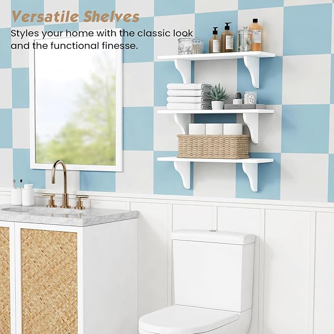 Forbena 24 Inch Wall Shelves for Bedroom Set of 3, Large Bathroom Floating Shelves for Wall, Long Decorative Hanging Arched Shelving Unit for Living Room Kids Girls Room Nursery Office (White)