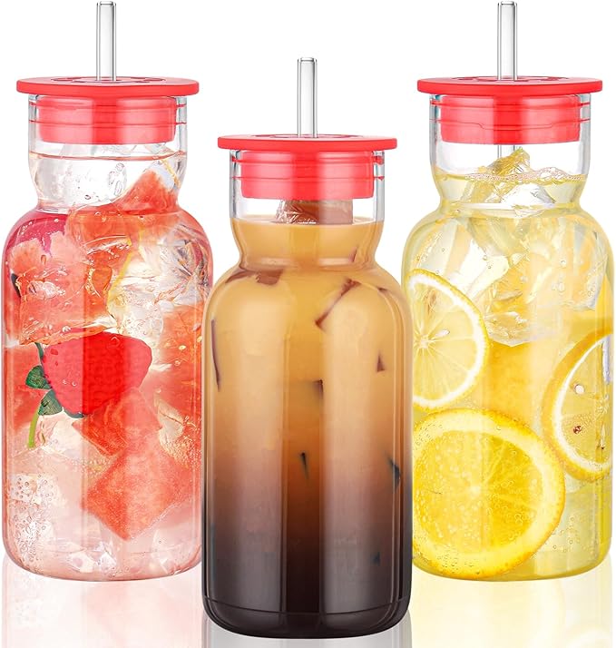 17 oz Glass Cups with Lid and Straw, Glass Tumbler with Straw and Lid, Vintage Glassware for Whiskey Cocktail Beer Juice, Iced Coffee Cups with Lid (3 PACK)