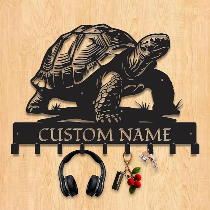 Custom Tortoise Metal Key Holder for Wall, Personalized Family Name Metal Sign with Hooks, Entryway Coat Rack and Organizer for Keys, Leashes, Hats (Style-1)