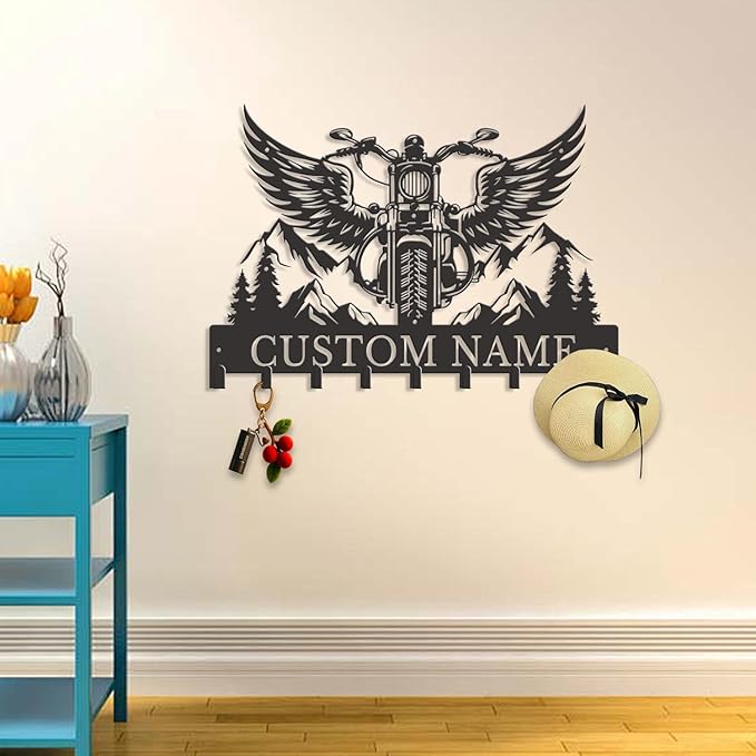 Personalized Motorcycle Metal Key Holder, Custom Last Name Metal Wall Sign, Hanging Storage Rack for Garage and Home Decor (Style-3)