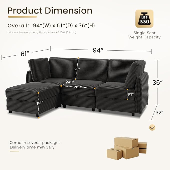 KKL Modular Sectional Sofa L-Shaped 4 Seater Couch with Storage Ottoman, Plush Wide-Wale Corduroy Couch for Living Room, Apartment, Modern Design, Black