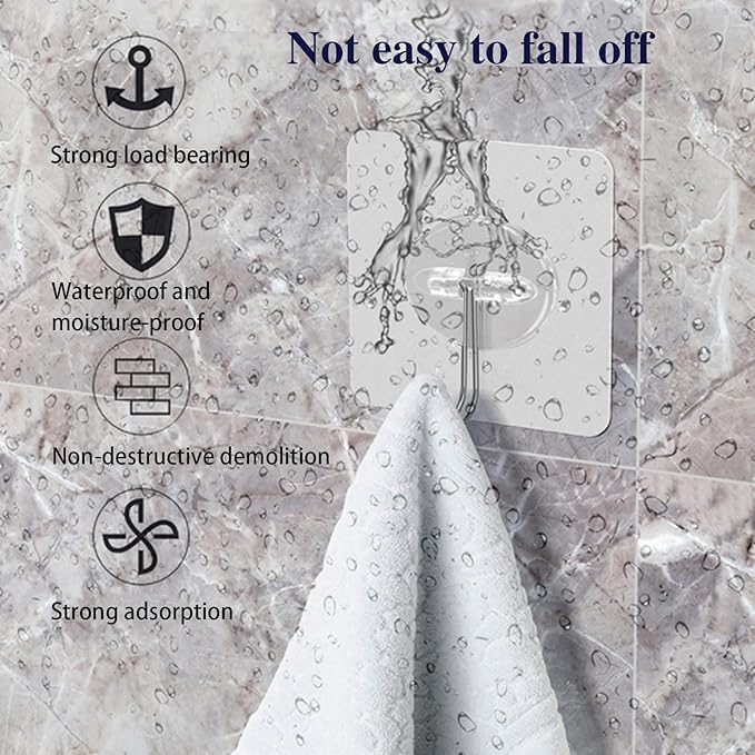 100 Pack Adhesive Hooks Wall Hooks 24lb(Max) Heavy Duty Self Adhesive Hooks,Transparent Reusable Adhesive Wall Hooks for Hanging for Kitchens, Bathroom, Office