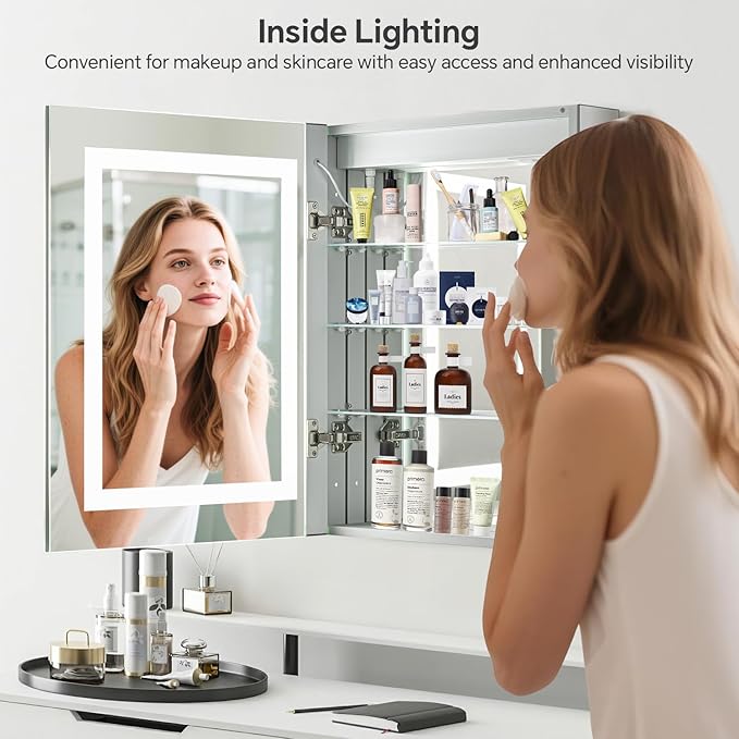 20x 26 LED Lighted Medicine Cabinet with Lights, Recessed or Surface Wall Mount Medicine Cabinet Mirror for Bathroom with Storage, Outlets & USB, Tempered Glass, 3-Color Dimming, Adjustable Shelf