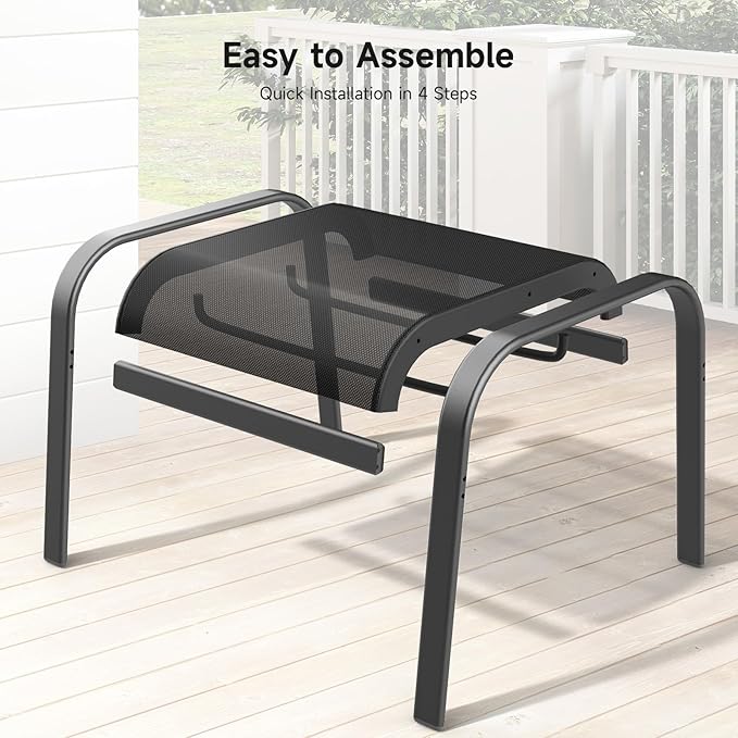 ONBRILL Outdoor Ottoman Foot Rest Set of 2, Textilene Fabric Outdoor Footstool with Tight Surface and Stable Metal Frame, Wide Use Outdoor Ottomans for Patio, Balcony, Poolside and Indoors, Black