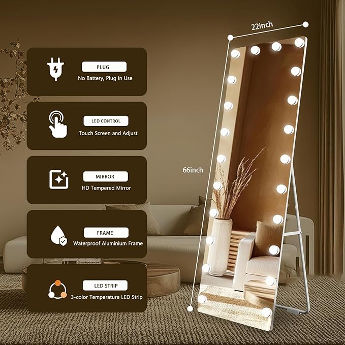 Kosmonia 66x22 Hollywood Full Length Mirror with Light, 22 Dimmable Bulbs & 3 Color Smart Touch Control, Distortion Free, Tempered Glass & Shatter Proof Film, Safe Full Body Mirrors with Stand