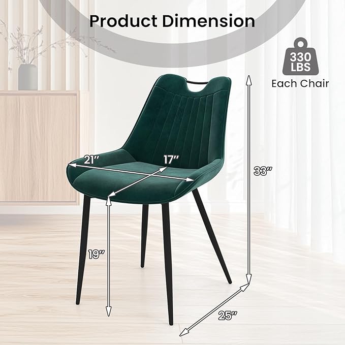 Giantex Dining Chairs Set of 4, Soft Velvet Upholstered Kitchen Dining Room Chairs w/Handle, Metal Legs, Curved Back, Modern Armless Accent Side Chair for Living Room, Restaurant (Velvet Green)