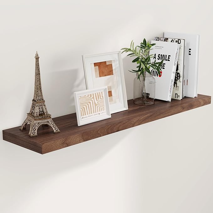 Fun Memories Farmhouse Floating Shelves for Wall, 48 x 9.3 Large Floating Shelf Wall Mounted, Rustic Wood Shelves for Bathroom, Kitchen, Living, Heavy-Duty Storage Deep Shelf for Books, Decor, Walnut
