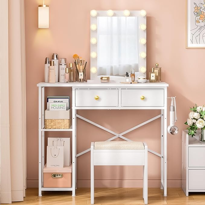 Vanity Desk Without Mirror, Makeup Vanity for Girls with 2 Fabric Drawers, Small Vanity Table with Iron Hook, 35 Inches Dressing Table with Storage, White