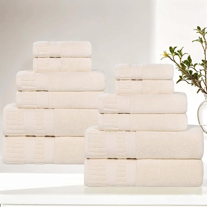 Superior Venice Zero Twist Cotton Medium Weight Towels, for Guest Bath, Bathroom, Shower, Spa, Plush Towels, Bath Essentials, Ribbed Textured Border, 12 Piece Assorted Towel Set, Ivory