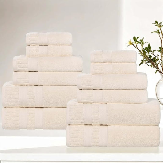 Superior Venice Zero Twist Cotton Medium Weight Towels, for Guest Bath, Bathroom, Shower, Spa, Plush Towels, Bath Essentials, Ribbed Textured Border, 12 Piece Assorted Towel Set, Ivory