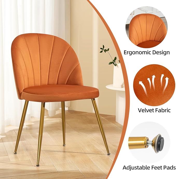 Velvet Dining Chairs Set of 4, Upholstered Mid Century Modern Dining Chairs, Armless Accent Chair with Metal Gold Legs for Living Room, Kitchen, Dining Room, Orange
