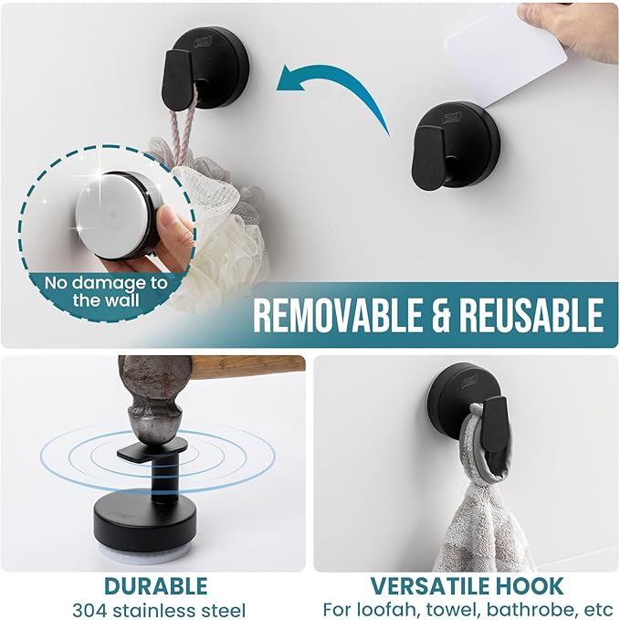TAILI Stylish 304 Stainless Steel Bathroom Suction Hooks for Towel, Bathrobe, Loofah, No Damage Hanging Glass Shower Wall Hook, Patented Strong Suction Cup Holder, Hold Up to 11 Lbs, A-Cylinder Black