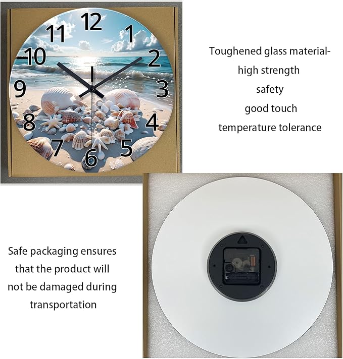XNM Analog Blue Beach Wall Clocks for Living Room Coastal Sea Shell Wall Clocks Battery Operated 12 Inch Modern Round Glass Wall Clock Non Ticking