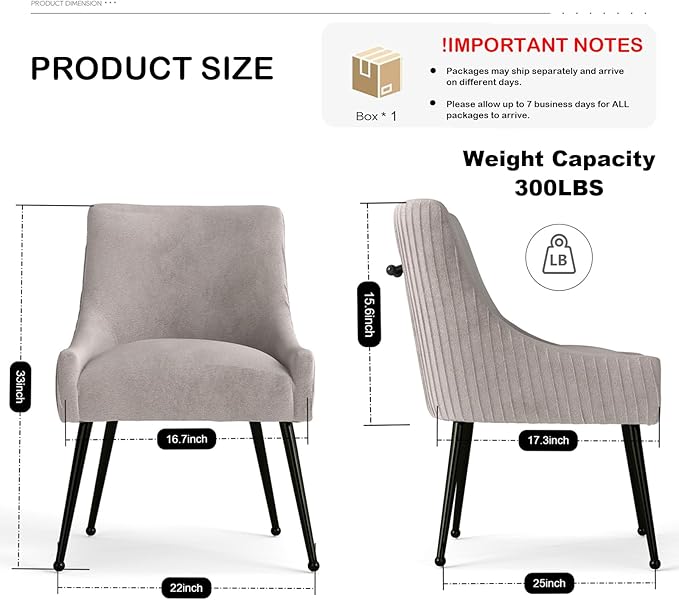 Velvet Dining Chairs Set of 2,Gray Upholstered Living Room Chairs with Black Metal Legs, Modern Tufted Accent Chairs for Living Room, Study Room, Kitchen