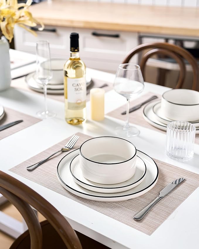 Famiware Porcelain Dinnerware Set, 24-Piece Modern Plate and Bowl Set, dish set for 8, Microwave and Dishwasher Safe Tableware, White with Black Trim