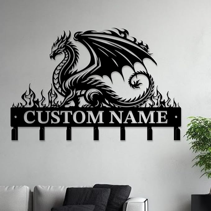 Customized Name Key Hook - Evil Dragon Design Keys Holder Decor Black Iron Metal Wall Organizer for Home & Office (Multiple Sizes) (Style D)