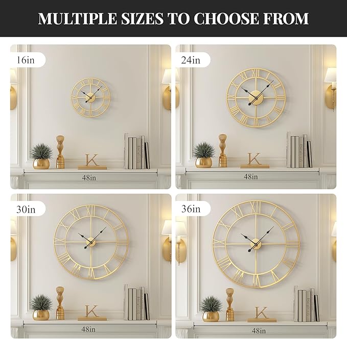 Cuspin Gold Wall Clock, 24 Inch Large Wall Clock for Living Room Kitchen Mantel, Completely Silent Non Ticking Battery-Operated Metal Round Luxury Decorative Modern Clock - Roman Number