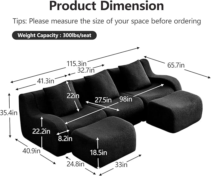 Black U-Shaped Cloud Couch with 2 Ottomans, Modern Teddy Fabric Boneless Sectional Sofa in a Box for Living Room, Modular Floor Couch, Deep Seat, No Assembly Required, Sofas para Sala