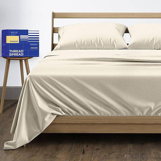 THREAD SPREAD 100% Pure Egyptian Cotton Sheets Queen Size - High Thread Count Sheet, 4 PC Luxury Hotel Sheet for Queen Size Bed, 16" Deep Pocket Sateen Soft Cooling Bedding Sets, Ivory