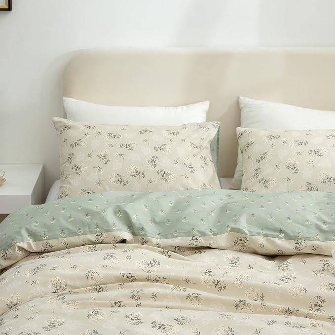 Floral Full Comforter Set Soft Cute Floral Bedding Comforter Sets Garden Style Green Flower Print Botanical Flowers Full Comforter Set for All Seasons 1 Comforter and 2 Pillowcases