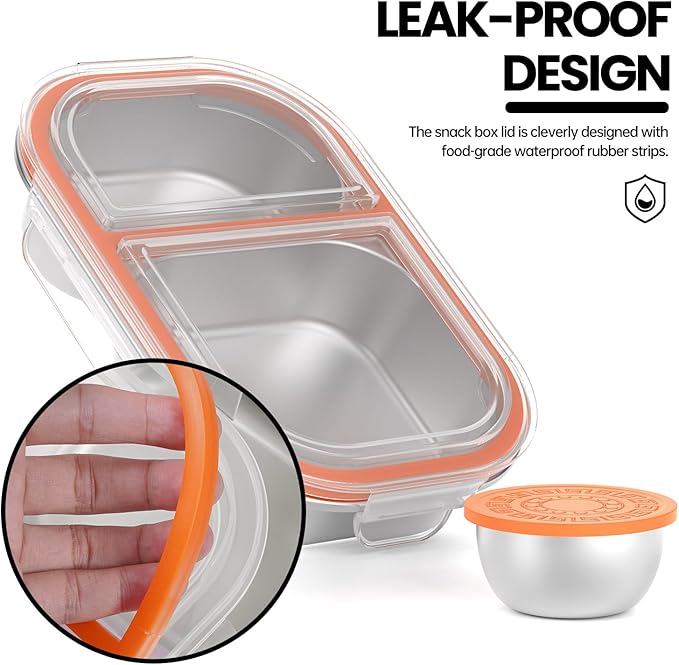 Snackle Box Container,Dishwasher,Reusable Snack Containers With Lids,2 Compartment Stainless Steel Snack Containers,Fruits, Snacks,Nuts,Salad,travel,800ML,White&Orange,1 Pack