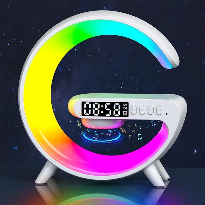 Smart LED Table Lamp, 4-in-1 Wireless Charger Smart Atmosphere Lamp, Night Light, Bluetooth Speaker & Alarm Clock for Bedroom, Office, and Home Decor (Black)