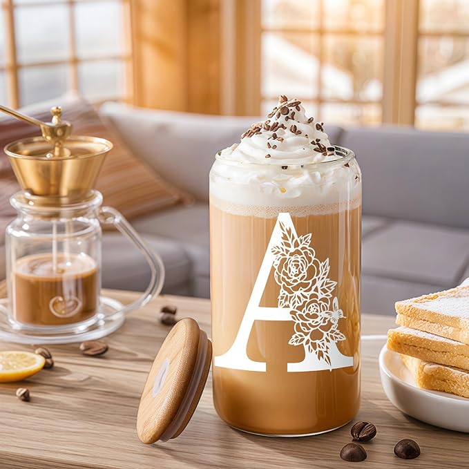 Birthday Gifts for Women: DWTS Initial Glass Cup as Office Graduation Memorial Holiday Personalized Gifts - for Husband Aunt Uncle Teen Boy Employee Coworkers Him and Her - A Aesthetic Cup