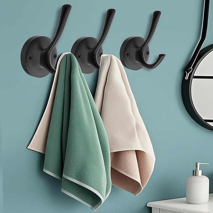 Black Wall Hooks, 6 Pack Coat Towel Hook Heavy Duty Metal Double Bath Robe Hook Wall Mounted, Hat Hooks for Cubicle Bathroom Kitchen Closet Garage