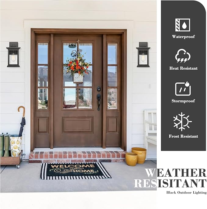 Emliviar Outdoor Wall Mount Lights 2 Pack, 1-Light Exterior Sconces Lantern in Black Finish with Clear Seeded Glass, OS-1803EW1-2PK
