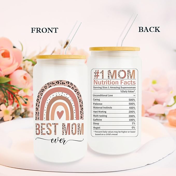 Best Mom Gift for Mother from Daughter Son, Gifts for Mom Iced Coffee Cup, Unique Mom Birthday Gifts, Thank You Mom Gift Ideas for Mother, 16oz Glass Cup with Lid and Straw