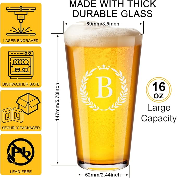 Personalized Beer Glasses Gifts for Men, 16 oz Pint Glasses Monogrammed A-Z Drinking Glass Cups Customized Gift, Unique Christmas Anniversary Birthday Gifts for Men Him Dad Brother Husband Grandpa (B)