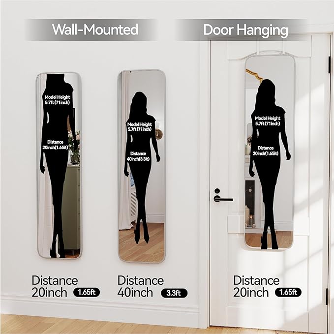 47x14 Mirror Rectangle Full Body Length Door Hanging Wall Mounted Aluminum Alloy Metal Frame Dressing Make-up Mirrors for Entryway Bedroom Bathroom Living Room 47 14 inch Silver