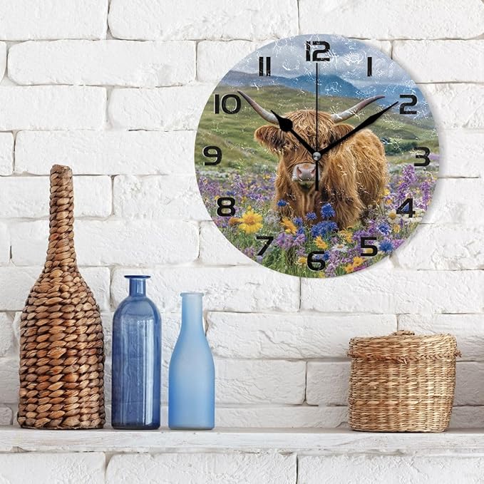 Bolaz Wildflowers Highland Cattle Wall Clocks Decorative Bedroom Silent Living Room Desktop Tabletop Shelf Clocks Round Battery Operated 10 Inch Non-Ticking