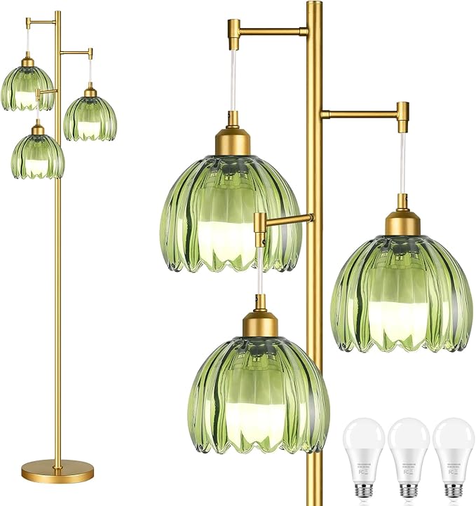 Vintage Floor Lamps for Living Room-3 Light Gold Floor Lamp with Three Bulbs & Glass Lampshape,Glass Mid Century Modern Standing Lamp Tree Tall Flower Floor Lamp for Bedroom Living Room,Corner